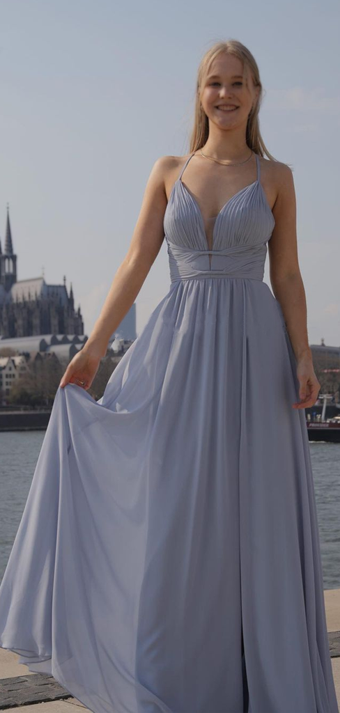 Sweetheart Dusty Blue Spaghetti Strap Lace-up Back Chiffon A-line Brid SposaBridal Sweetheart Dusty Blue Spaghetti Strap Lace-up Back Chiffon A-line Brid SposaBridal