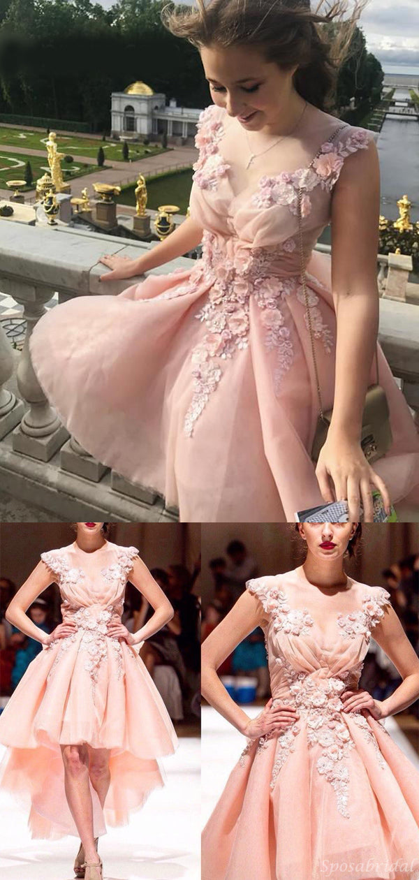 Sweet Pink Floral Lace Applique A-line High-low Homecoming Dress