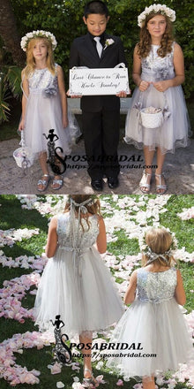 Top Sequin Sliver Grey Round Neck Sleeveless Flower Girl Dresses With Handmade Flower, Sparkly Discount Junior Bridesmaid Dresses , FG123
