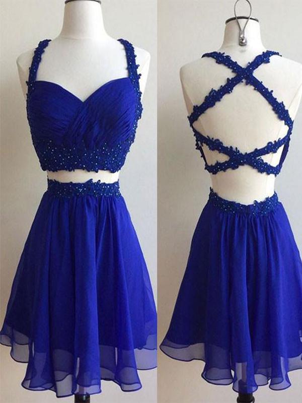 Chiffon Short Cheap Royal Blue Two Piece Homecoming Dresses 2018, CM46 SposaBridal Chiffon Short Cheap Royal Blue Two Piece Homecoming Dresses 2018, CM46 SposaBridal