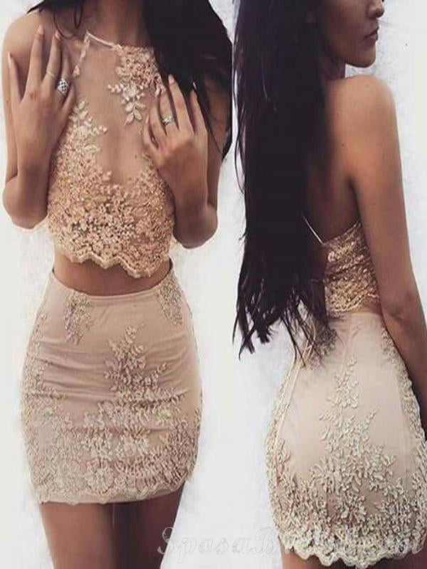 Two Piece Lace Appliques Unique Design Homecoming Dresses, Modern Shor SposaBridal Two Piece Lace Appliques Unique Design Homecoming Dresses, Modern Shor SposaBridal