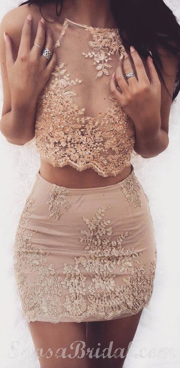 Two Piece Lace Appliques Unique Design Homecoming Dresses, Modern Shor SposaBridal Two Piece Lace Appliques Unique Design Homecoming Dresses, Modern Shor SposaBridal