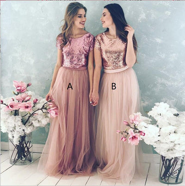 Top Blush Sequin Lovely Hot Sale Two Piece Tulle Round Neck Long Modest Cheap Bridesmaid Dresses, WG277
