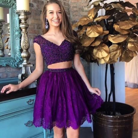 Two Piece V-Neck Beading Purple Homecoming Dress with Lace , PD0363 SposaBridal Two Piece V-Neck Beading Purple Homecoming Dress with Lace , PD0363 SposaBridal