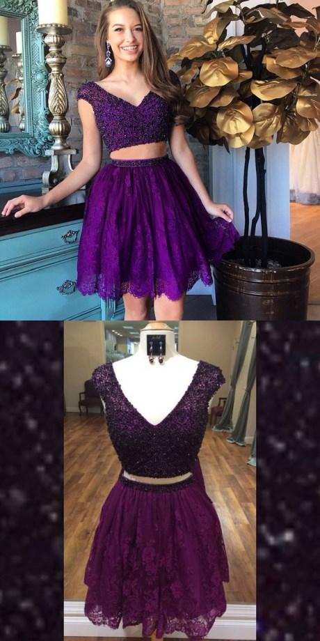 Two Piece V-Neck Beading Purple Homecoming Dress with Lace , PD0363