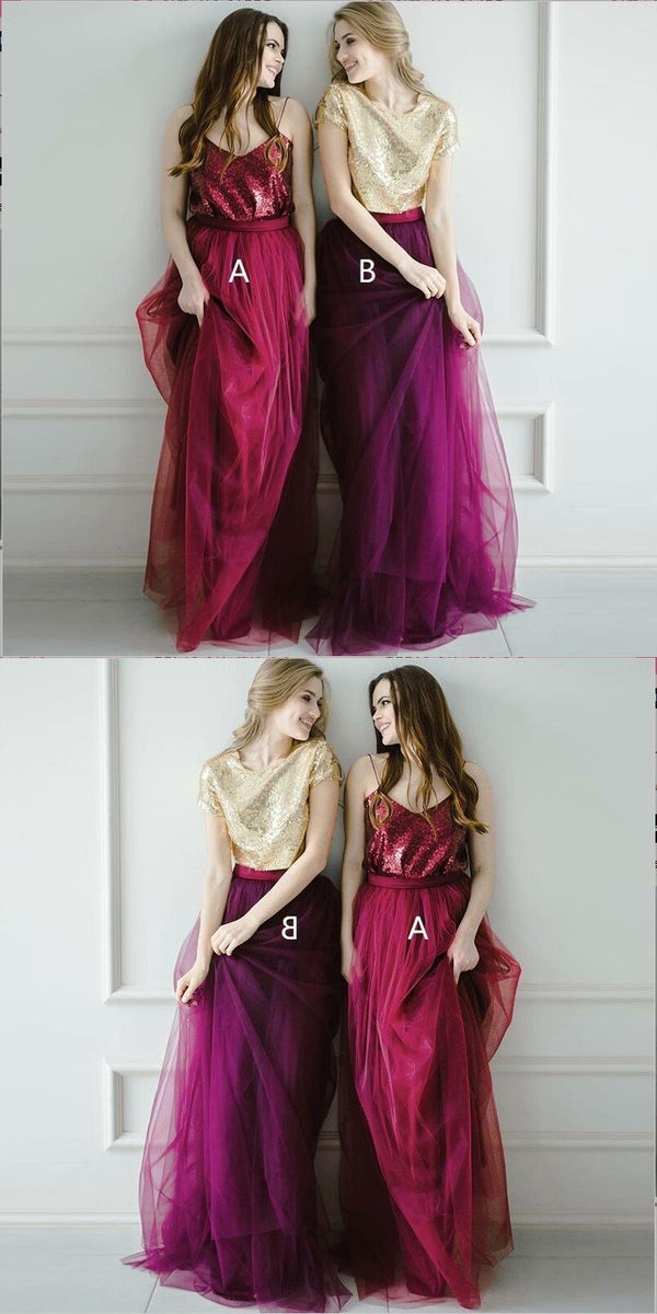 Two Pieces Tulle Sequin Sparkly Pretty Young Spaghetti Straps Dark Red SposaBridal Two Pieces Tulle Sequin Sparkly Pretty Young Spaghetti Straps Dark Red SposaBridal