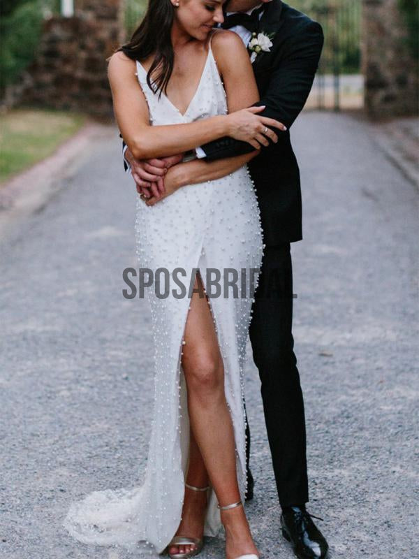 Unique Beaded Open Back Beach Wedding Dresses WD0530 SposaBridal Unique Beaded Open Back Beach Wedding Dresses WD0530 SposaBridal