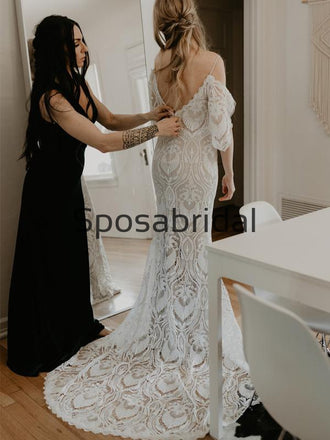 Unique Full Lace Vintage  Chic Exquisite Beach Long Wedding Dresses WD0557