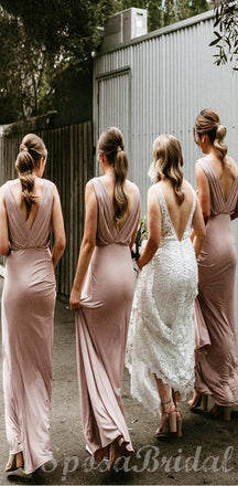 Unique Design Elegant Legant V Neck Blush Pink Long Bridesmaid Dresses WG583