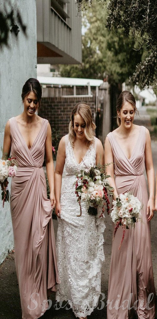 Unique Design Elegant Legant V Neck Blush Pink Long Bridesmaid Dresses WG583