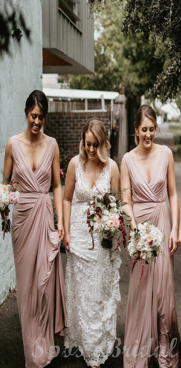 Unique Design Elegant Legant V Neck Blush Pink Long Bridesmaid Dresses