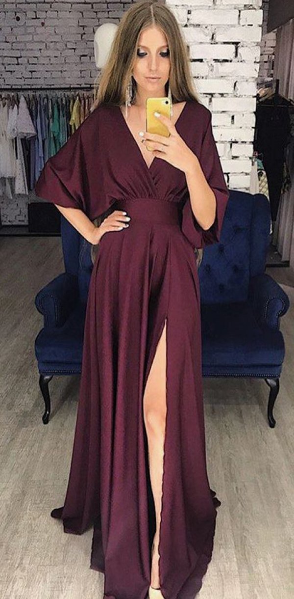 Unique Design Fashion Soft Cheap V-Neck Side Split Prom Dresses online SposaBridal Unique Design Fashion Soft Cheap V-Neck Side Split Prom Dresses online SposaBridal