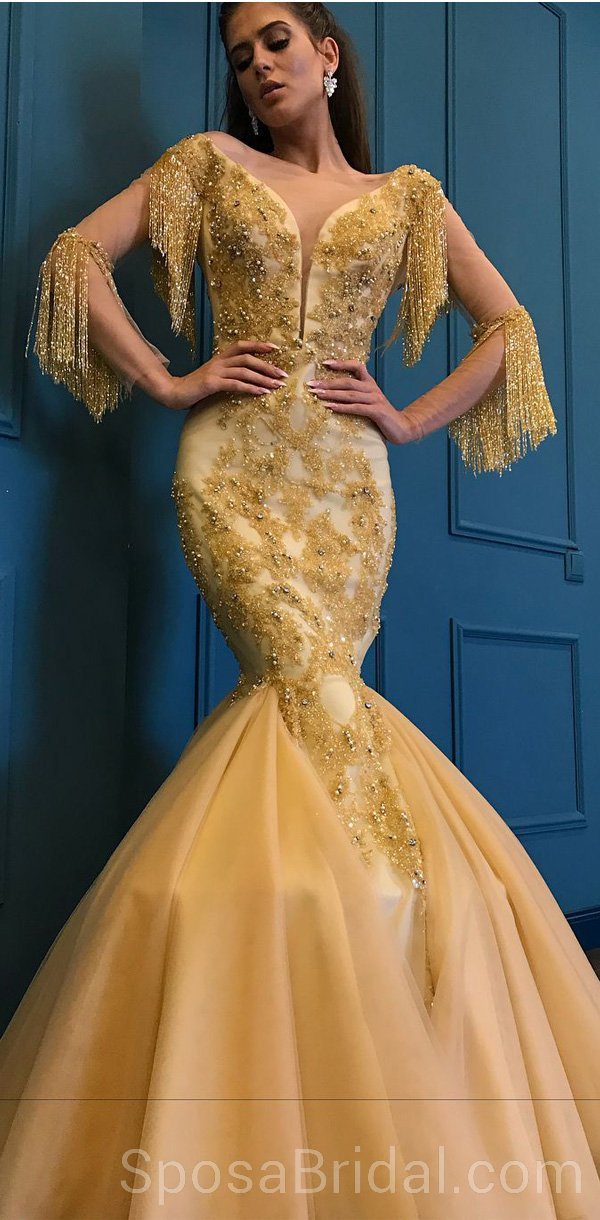 Unique Design Yellow Gold Modest Fashion Newest Long Prom Dresses, Par SposaBridal Unique Design Yellow Gold Modest Fashion Newest Long Prom Dresses, Par SposaBridal