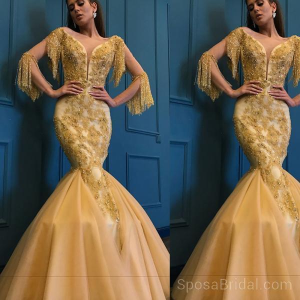 Unique Design Yellow Gold Modest Fashion Newest Long Prom Dresses, Par SposaBridal Unique Design Yellow Gold Modest Fashion Newest Long Prom Dresses, Par SposaBridal