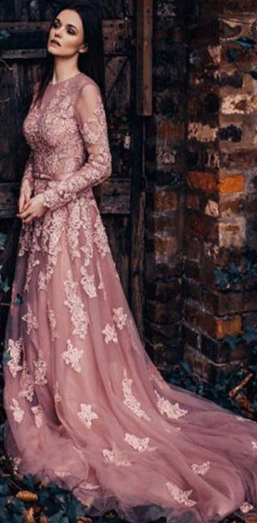 Unique New  Round Neck Formal Modest Long Sleeves A-line Prom Dresses With Lace Appliques,PD1346