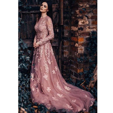 Unique New  Round Neck Formal Modest Long Sleeves A-line Prom Dresses With Lace Appliques,PD1346