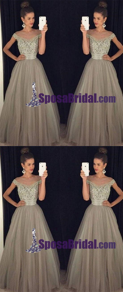 Off Shoulder Unique Floor-length Gray Tulle A-Line Real Made Long Prom Dresses, modest evening dresses,PD0763