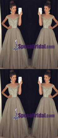 Off Shoulder Unique Floor-length Gray Tulle A-Line Real Made Long Prom Dresses, modest evening dresses,PD0763