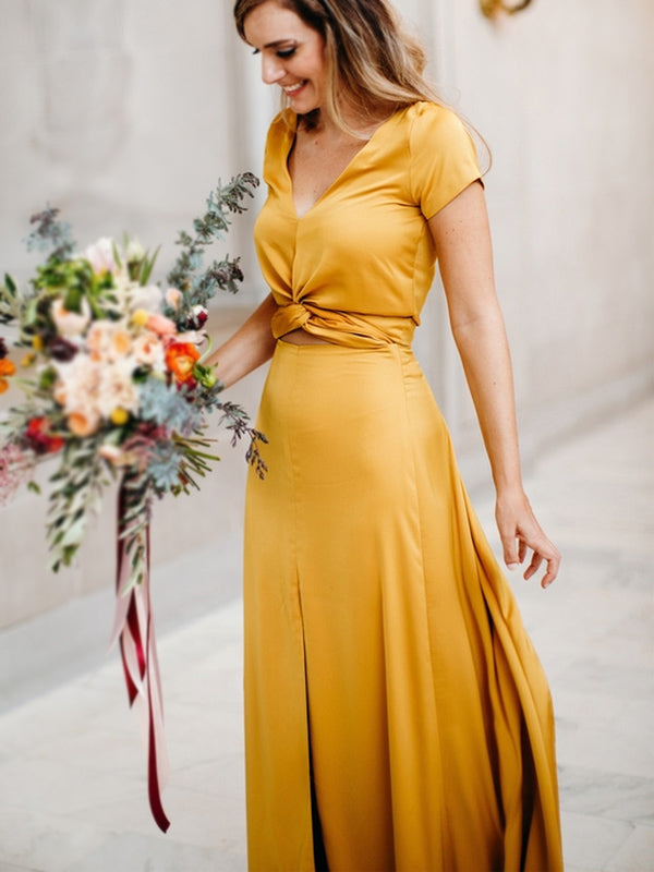 yellow tea length bridesmaid dresses Yellow sweetheart neck satin tea length prom dress, yellow evening dress