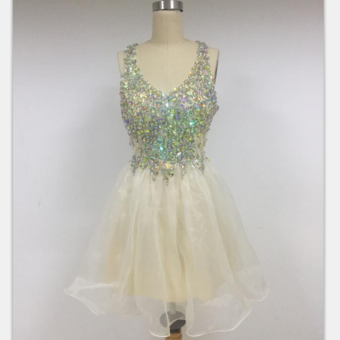 V-NECK Sparkly Organza Shining Discount Cheap Short in Size In Stock Prom Dresses Online,DD011