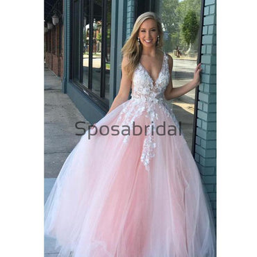 V-Neck Appliques Pink Tulle Long Formal Prom Dresses PD2179