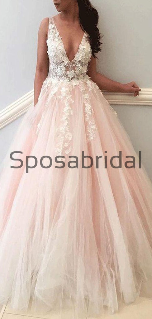 V-Neck Appliques Pink Tulle Long Formal Prom Dresses PD2179