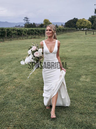 V-Neck Long Simple Cheap Beach Wedding Dresses WD0531