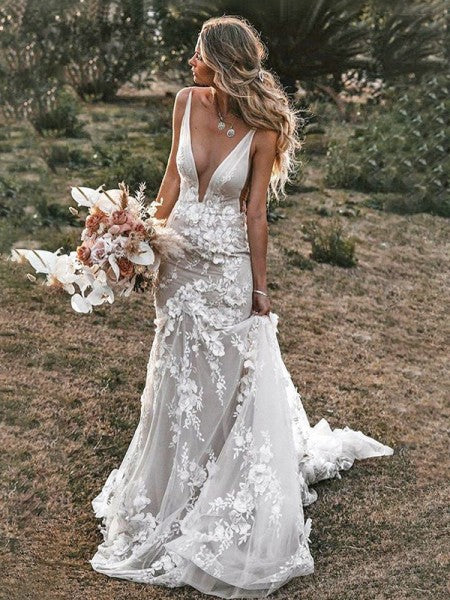 V-Neck Rustic Trumpet Lace Beach Mermaid Long Wedding Dresses, WD00590 SposaBridal V-Neck Rustic Trumpet Lace Beach Mermaid Long Wedding Dresses, WD00590 SposaBridal