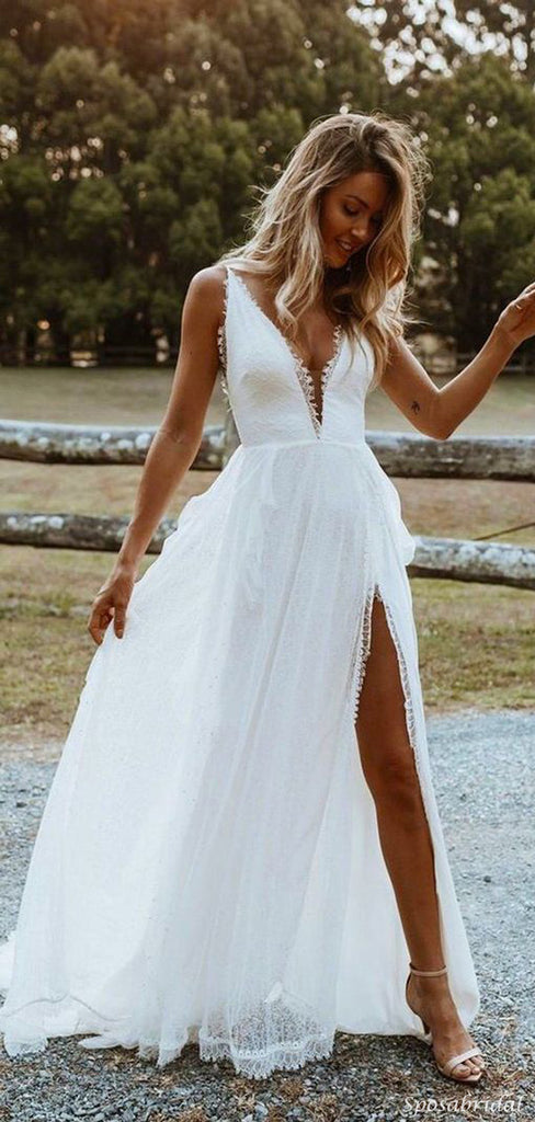 Sexy V-Neck Side-slit Lace Long Beach Wedding Dresses, WD0590