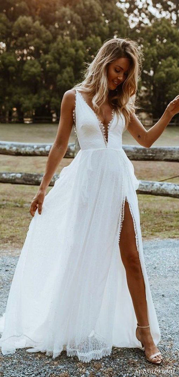Lace Beach Wedding Dresses With Side Slit Sexy Deep V Neck Glitter Bridal  Gowns