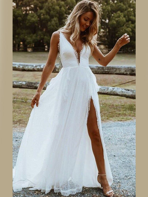 Sexy V-Neck Side-slit Lace Long Beach Wedding Dresses, WD0590 SposaBridal Sexy V-Neck Side-slit Lace Long Beach Wedding Dresses, WD0590 SposaBridal