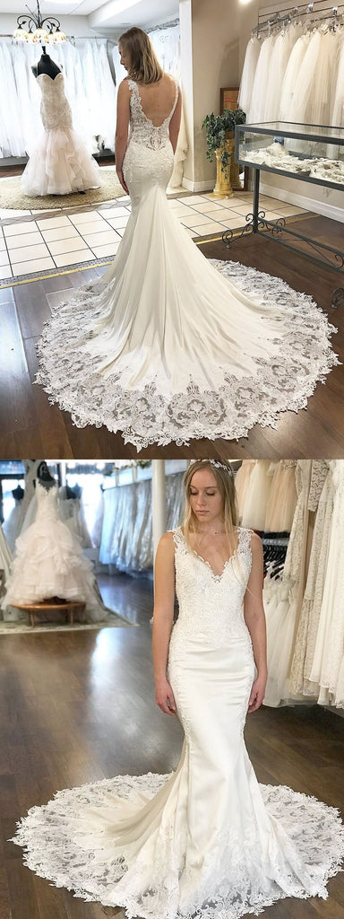 V-Neck Mermaid Unique Design Modest Affordable  Long Wedding Dresses with lace appliques , WD00563