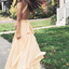 Cheap Light Yellow V-neck Lace Back Up A-line Chiffon Long Bridesmaid Dress, BD3008