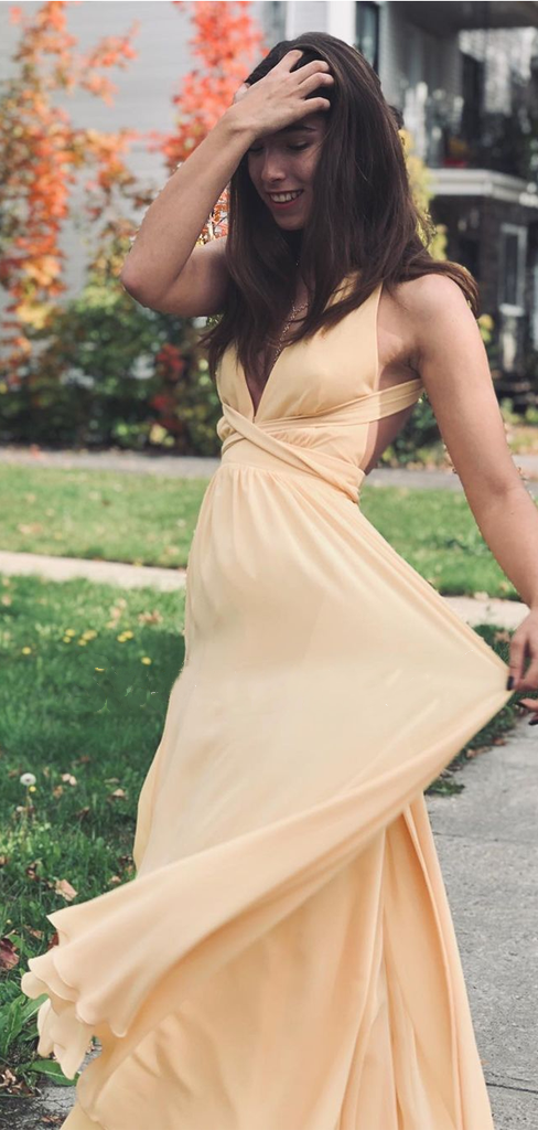 Cheap Light Yellow V-neck Lace Back Up A-line Chiffon Long Bridesmaid SposaBridal Cheap Light Yellow V-neck Lace Back Up A-line Chiffon Long Bridesmaid SposaBridal