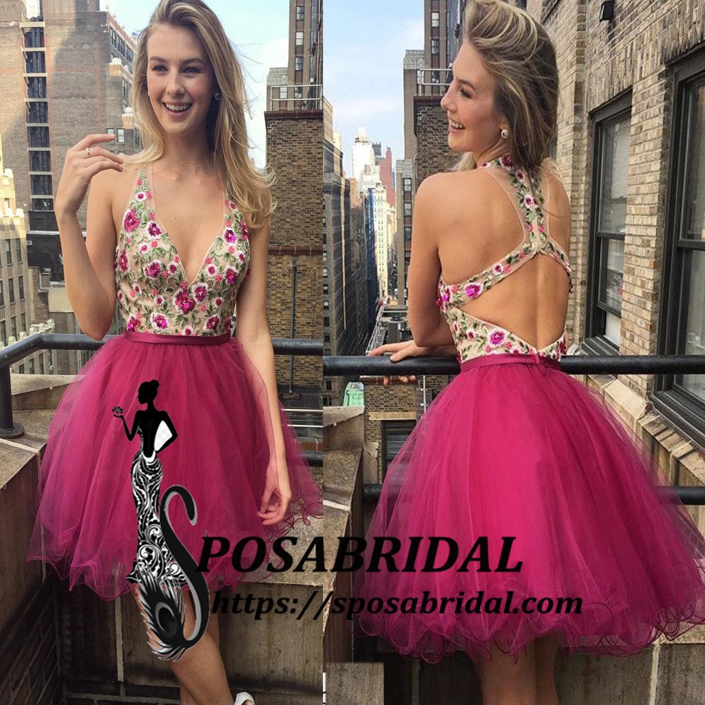 V Neck Short Embroidery Floral Fuchsia Most Popular Pretty Cheap Homecoming Dresses , BD0220