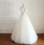 V Neck Tulle Ivory Lace Weeding Dresses with beads, Floor-length Lace Up Back Formal Bridal Gowns, WD0294