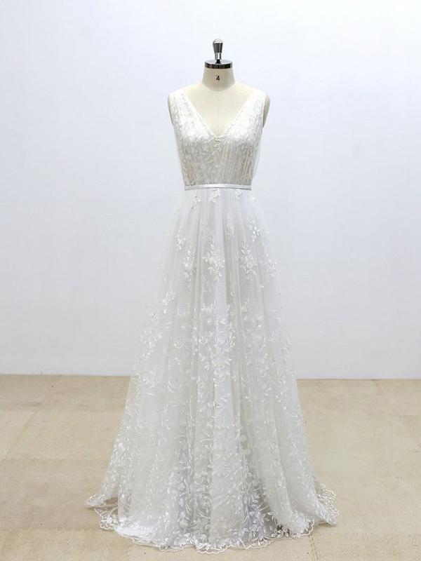 2018 Simple V Neck Lace Cheap A-line Wedding Dresses Online, WD371 - SposaBridal