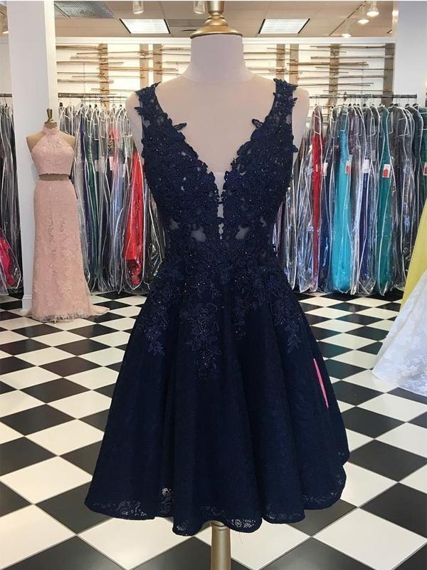 Navy Lace Beaded V Neck Short Cheap Homecoming Dresses Online, CM584 SposaBridal Navy Lace Beaded V Neck Short Cheap Homecoming Dresses Online, CM584 SposaBridal