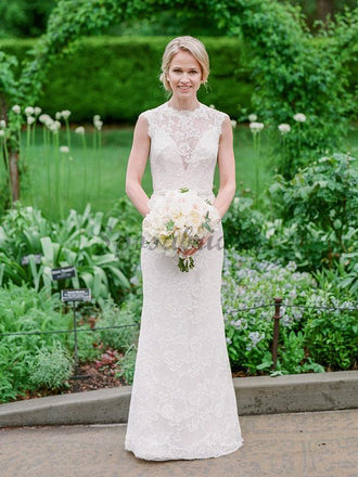 Vintage Lace Cap Sleeve See Through Neckline Sheath Wedding Dresses WD369