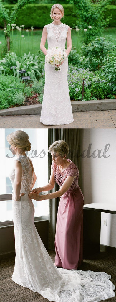 Vintage Lace Cap Sleeve See Through Neckline Sheath Wedding Dresses WD369