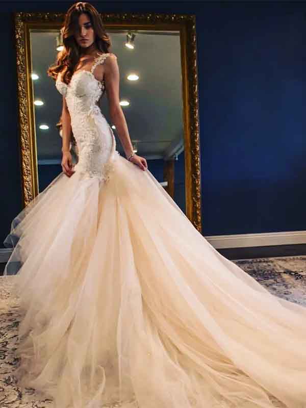 Deep V-Neck Spaghetti White Tulle Lace Wedding Dress, Sexy Bridal Gown, WD0112