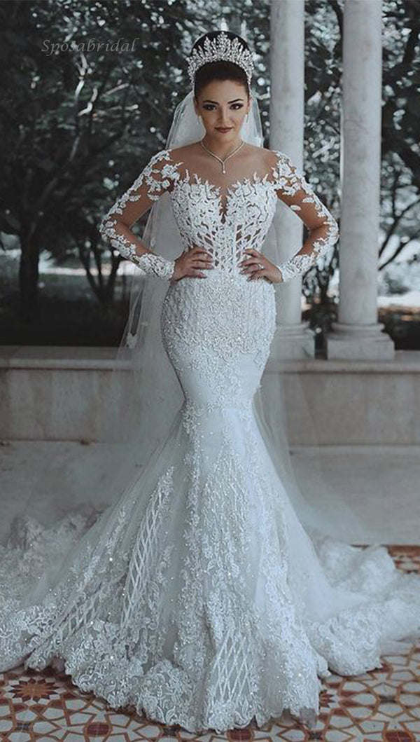 Luxury Beaded Illusion Lace Long Mermaid Wedding Dresses, WD0340 SposaBridal Luxury Beaded Illusion Lace Long Mermaid Wedding Dresses, WD0340 SposaBridal