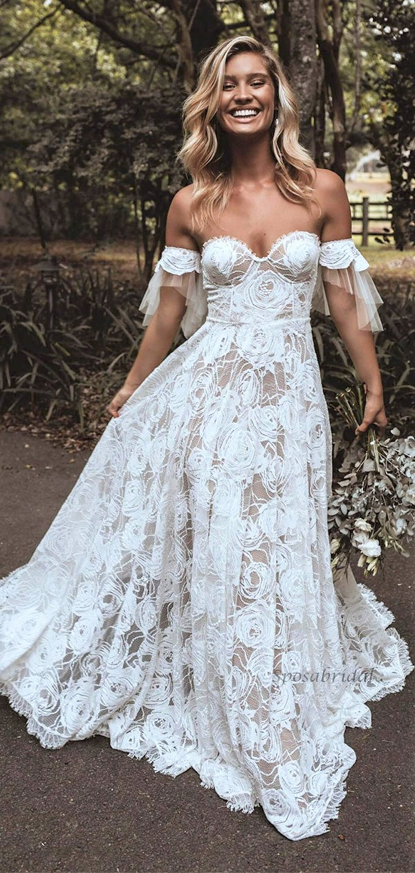 A-line Lace Off the Shoulder Dream Vintage Wedding Dresses WD0481 SposaBridal A-line Lace Off the Shoulder Dream Vintage Wedding Dresses WD0481 SposaBridal