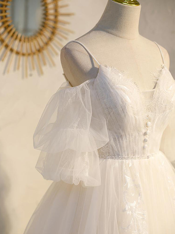 Spaghetti Straps Ruffle Sleeves Lace A-line Short Mini Wedding Dress, WD3016