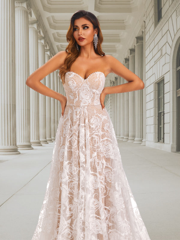 Strapless Sweetheart Lace Up Back Simple Floral Lace A-line Long Weddi SposaBridal Strapless Sweetheart Lace Up Back Simple Floral Lace A-line Long Weddi SposaBridal