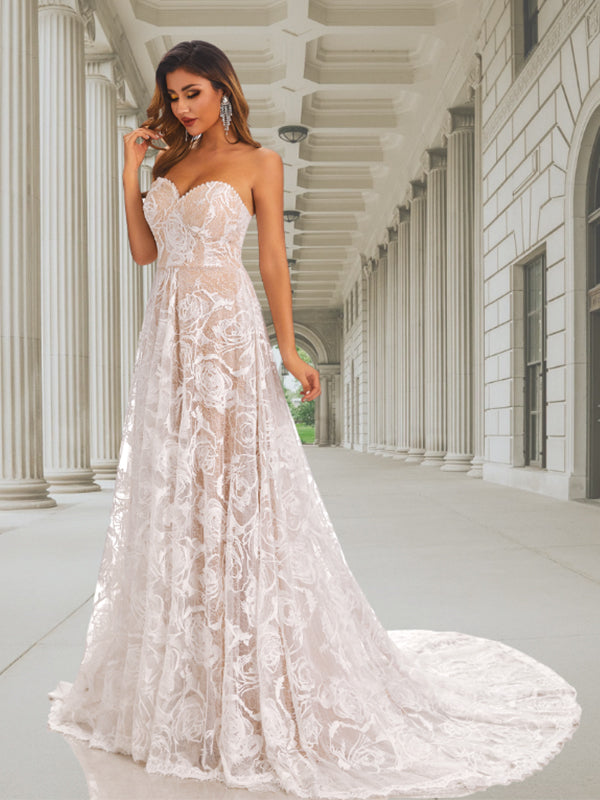 Strapless Sweetheart Lace Up Back Simple Floral Lace A-line Long Weddi SposaBridal Strapless Sweetheart Lace Up Back Simple Floral Lace A-line Long Weddi SposaBridal