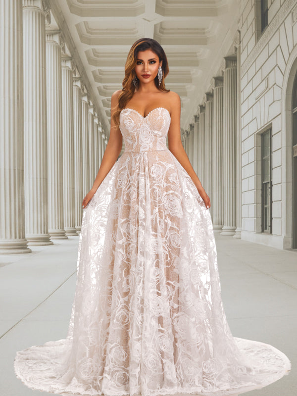 Strapless Sweetheart Lace Up Back Simple Floral Lace A-line Long Weddi SposaBridal Strapless Sweetheart Lace Up Back Simple Floral Lace A-line Long Weddi SposaBridal