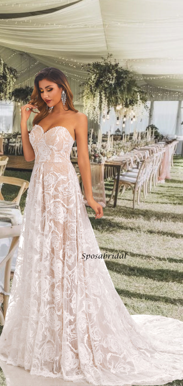 Strapless Sweetheart Lace Up Back Simple Floral Lace A-line Long Weddi SposaBridal Strapless Sweetheart Lace Up Back Simple Floral Lace A-line Long Weddi SposaBridal
