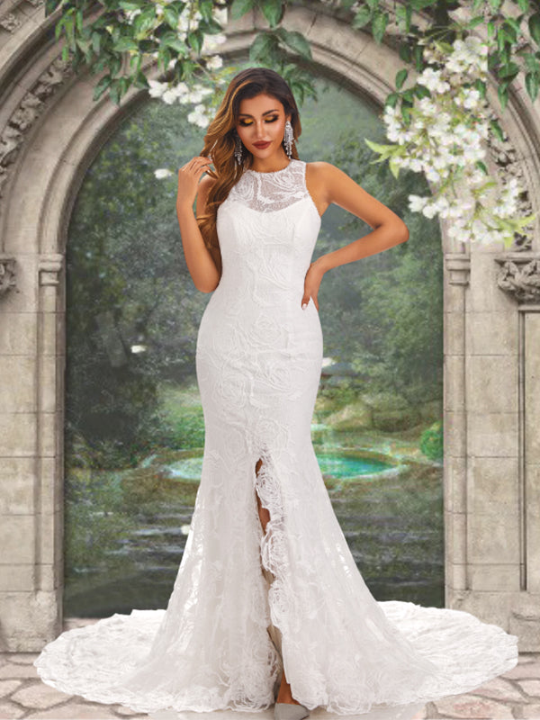 Halter Jewel Neck Lace Open Back Side-slit Mermaid Long Wedding Dress, SposaBridal Halter Jewel Neck Lace Open Back Side-slit Mermaid Long Wedding Dress, SposaBridal