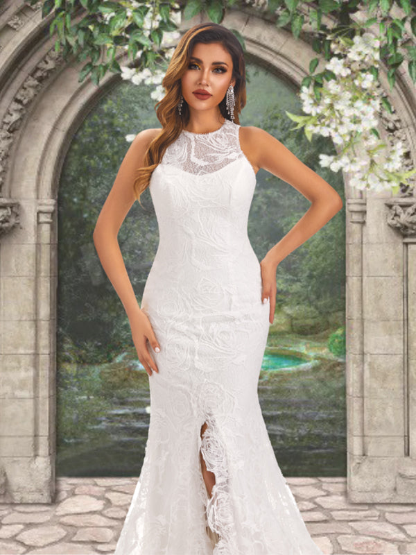 Halter Jewel Neck Lace Open Back Side-slit Mermaid Long Wedding Dress, SposaBridal Halter Jewel Neck Lace Open Back Side-slit Mermaid Long Wedding Dress, SposaBridal